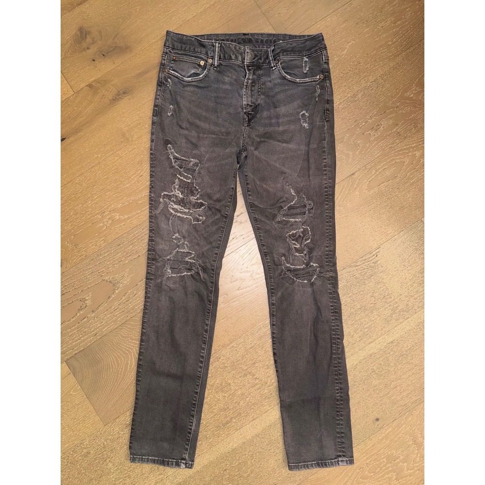 American Eagle Next Level Flex‎ Slim Distressed Black Jeans 32x34 Ripped Denim - Picture 1 of 6